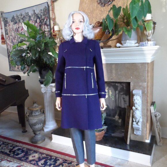 Diane Von Furstenberg Purple Wool Pea Coat w/Zippers Detail Size P - Picture 1 of 16